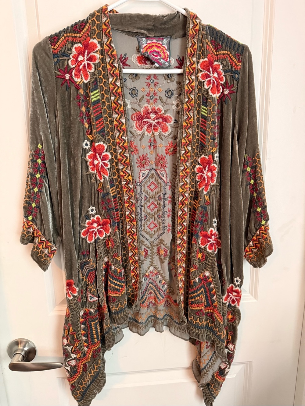 Johnny Was “Waleska” Olive Velvet Embroidered Kimono with Red Floral Accents